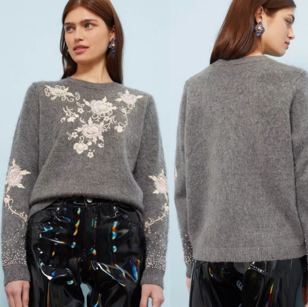 Topshop Gray Pink Floral Beaded Embroidery Sweater NWT